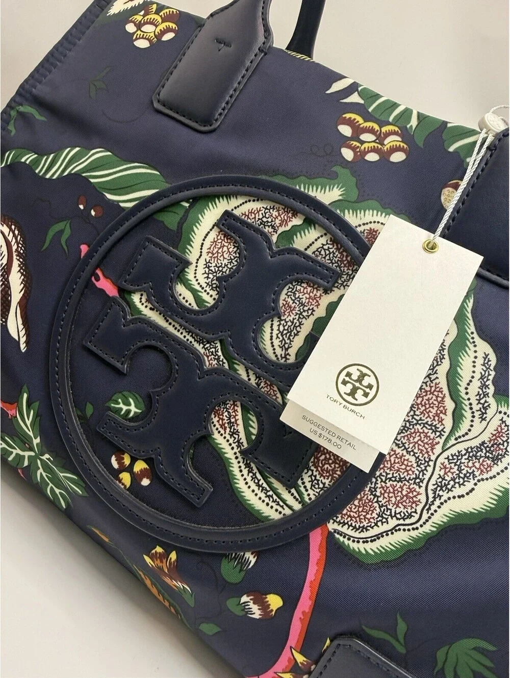 Tory Burch Ella Printed Mini Tote Navy NWT Hand Bag Purse Nylon
